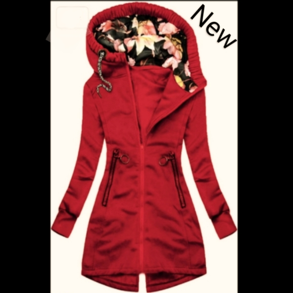 boutique Jackets & Blazers - Red Hooded Jacket Long Full Zip Floral Sweatshirt Coat Hood Sm Fitted New